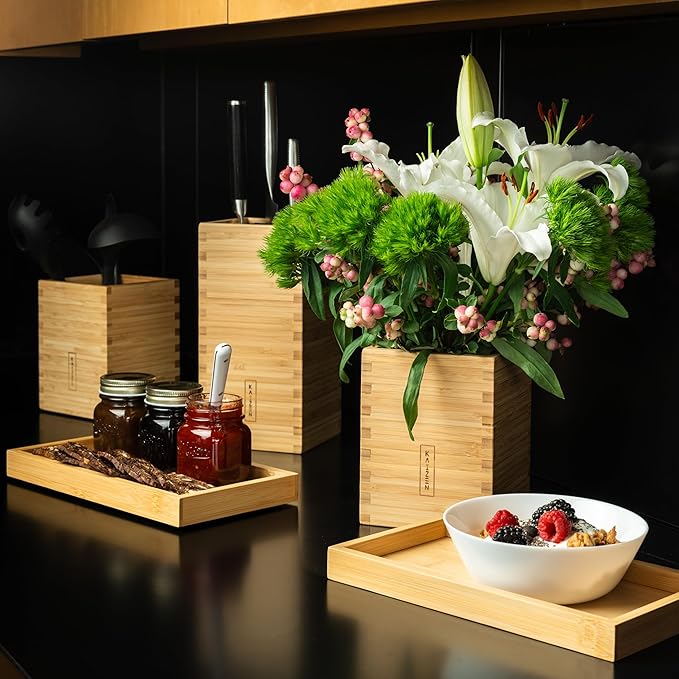 KAIZEN Bamboo Knife Block Without Knives - Perfectly Sized Universal Knife Holder for Knives, Scissors - Unique Knife Storage for Counter Top with Anti-Slip Base