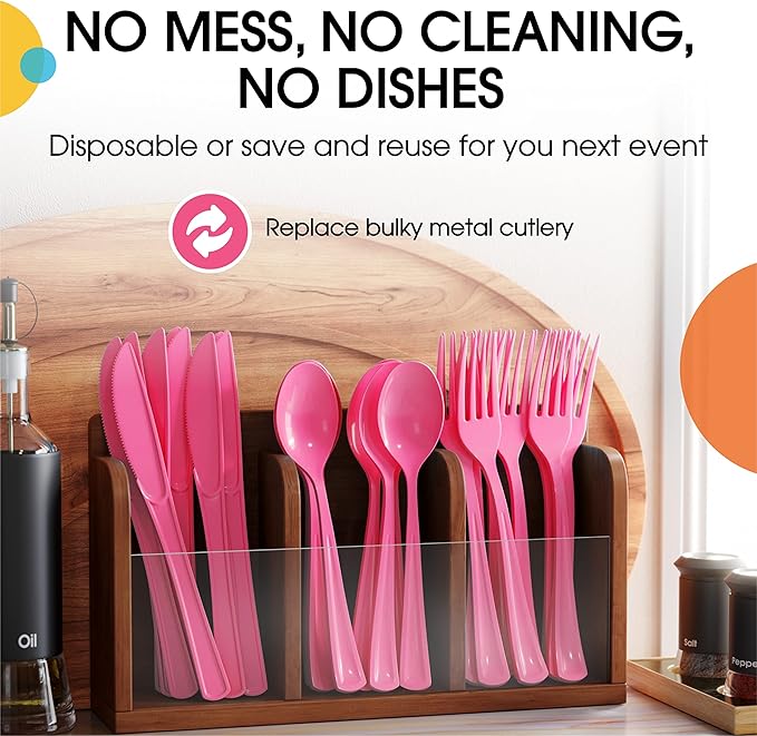 Party Solids Hot Pink Plastic Knives 200 Pcs Hot Pink Knives Disposable Utensils Heavy Duty Plastic Cutlery Set Disposable Cutlery Sets Flatware Sets Silverware Set Party Supplies & Party Tableware