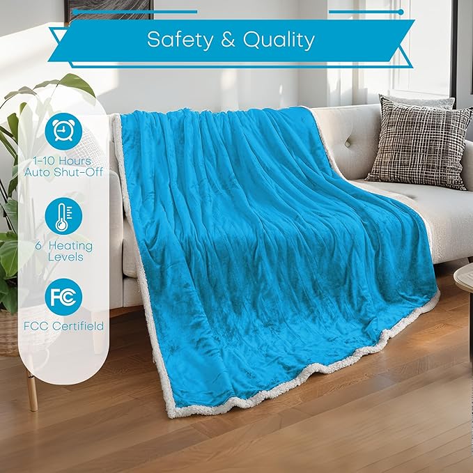 Electric Heated Blanket Full Size 72"x84" - Microplush & Sherpa Fabric Dual-Sided, 6 Heat Settings & 1-10 Hours Auto Off, Soft Warming Throw for Home or Office, Machine Washable, Ocean Breeze Blue