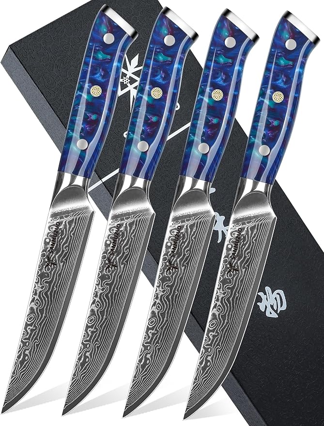Steak Knives Set of 4, Ultra Sharp Non Serrated Kitchen Steak Knife 5 Inch - Damascus Steel & Resin Handle - Xuan Series (Sapphire Blue)