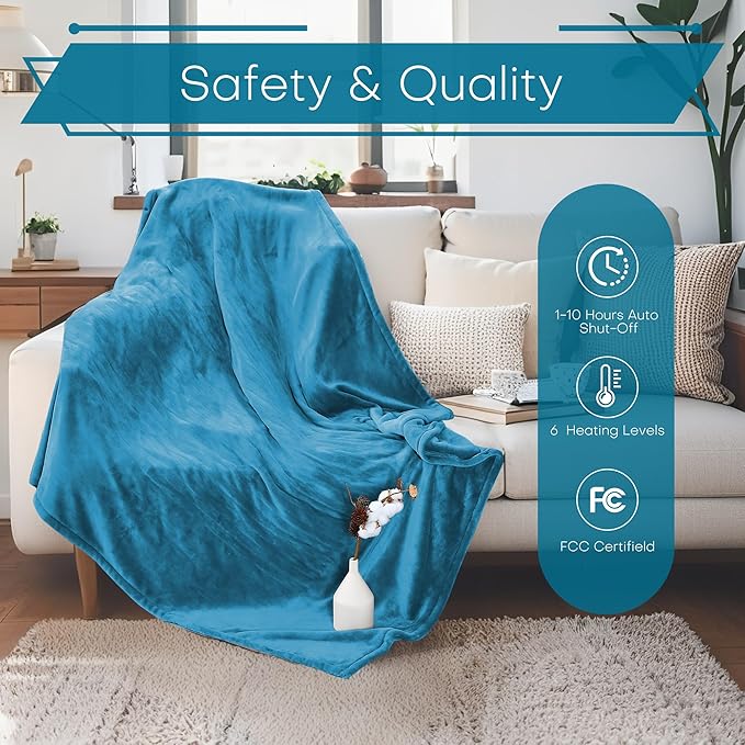 Electric Heated Blanket Full Size 72"x84" - Microplush & Sherpa Fabric Dual-Sided, 6 Heat Settings & 1-10 Hours Auto Off , Cozy Warming Throw for Home, Office, or Bed, Machine Washable, Tile Blue