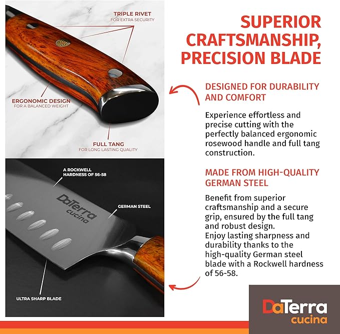 DaTerra Cucina - 7 Inch Santoku Knife – German Steel Professional Kitchen Knife with Ergonomic Rosewood Handle, Sharp, Durable, Rust Proof, Easy to Clean | Ideal for Chopping, Slicing & Dicing