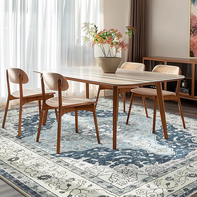 Topllen Washable Area Rug - 4'x6' Boho Living Room Rug, Non-Slip Soft Rugs Indoor for Bedroom Dining Room Office, Vintage Throw Carpet Stain Resistance (Blue, 4x6ft)