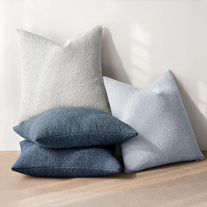 MIULEE Pack of 4 Decorative Textured Boucle Throw Pillow Covers 22x22 Inch Neutral Blue Accent Euro Sham Pillow Cases Couch Cushion Covers Modern Farmhouse Boho Chair Sofa Bed Livingroom Home Decor