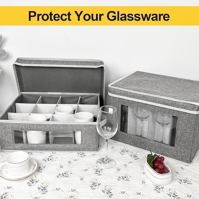 homyfort Mug and Wine Glass Storage Box with Dividers, Stemware Storage Cases and Coffee Cup Storage Organizer, China Crystal Storage Containers Hard Shell for Glassware Protection and Moving (Grey)