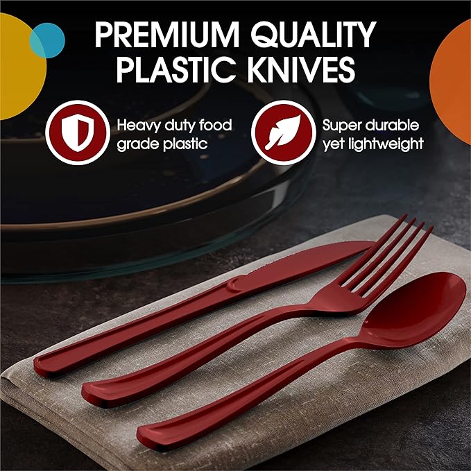 Party Solids Burgundy Plastic Knives 200 Pcs Burgundy Knives Disposable Utensils Heavy Duty Plastic Cutlery Set Disposable Cutlery Sets Flatware Sets Silverware Set Party Supplies & Party Tableware