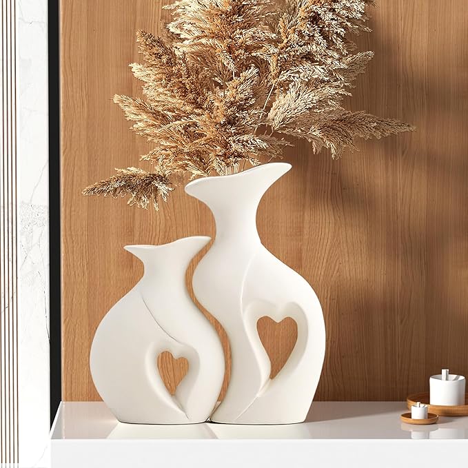 XL Pearl White Vases for Decor,Nordic Heart Shaped Ceramic Vase Set of 2,Modern Vase for Table Centerpiece Dining Living Room Office Coffee Table Wedding House Decoration
