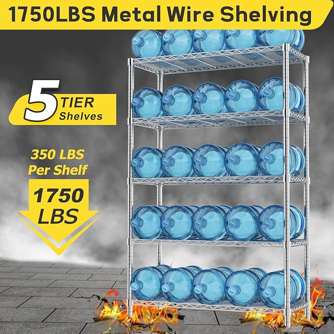 Storage Shelves, 4 PCS 36" L x 14" W x 72" H Heavy Duty Garage Wire Shelving Unit Loads 1750LBS, 5-Tier Adjustable Metal Industrial Utility Shelf Rack for Kitchen, Laundry Room, Basement