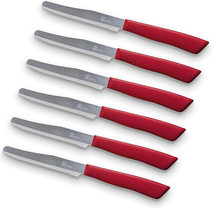 6 kitchen Knives - 4.3"/11cm Italian Stainless Steel Serrated Vegetable/Steak/Table Knife Cutlery, Rounded Tip (Red)
