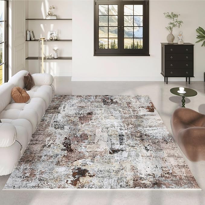 Rugcomf Modern Abstract 5'x7' Area Rugs - Machine Washable, Non-Slip Low Pile Boho Carpet for Living Room, Bedroom, Dining Room, Farmhouse, Kids Playroom, Office - Brown