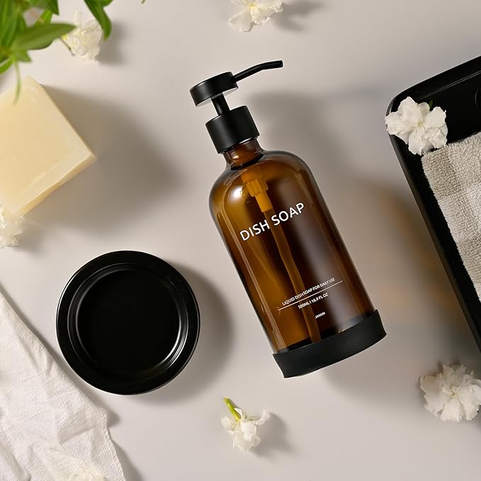 Glass Soap Dispenser Set by Janxin,Bathroom Soap Dispenser Set with Ceramic Tray,Luxury Bathroom Accessories,Modern Kitchen Decor (Amber(Dish Soap))