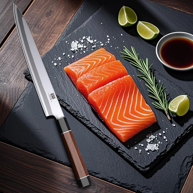 SHAN ZU 10 Inch Japanese Sushi Knife, 9 Layers 10Cr15MoV High Carbon Steel Sashimi Knife, Sharp Cutting Yanagiba Knives with Red Sandalwood Handle for Sushi Making, Slicing & Fish Knives
