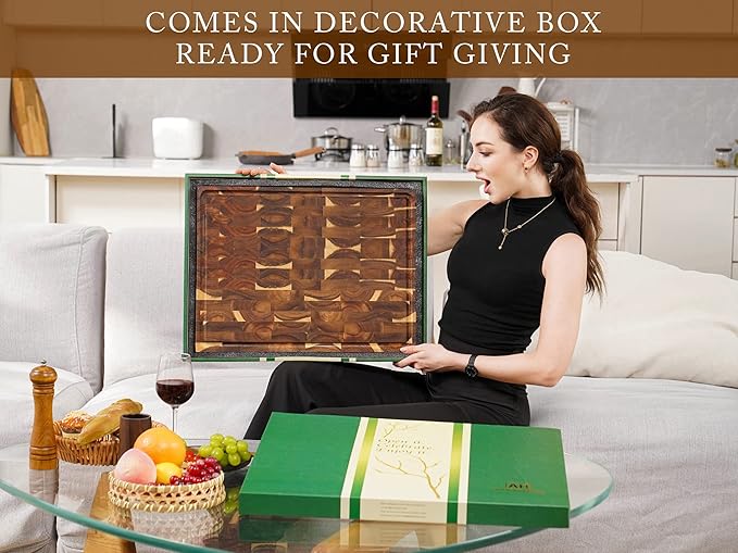 AZRHOM Thick End Grain Acacia Wood Cutting Board 20x15x2 In, Wooden Butcher Block, Chopping Board For Kitchen with Juice Groove Handles Non-Slip Pats (Gift Box)