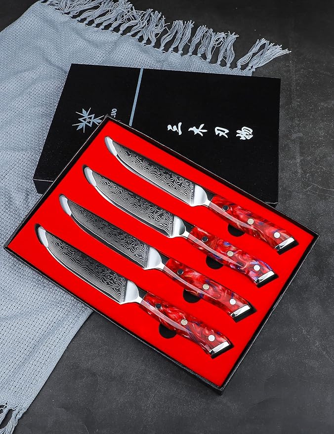 Steak Knives Set of 4, Ultra Sharp Non Serrated Kitchen Steak Knife 5 Inch - Damascus Steel & Resin Handle - Xuan Series (Sunset Red)