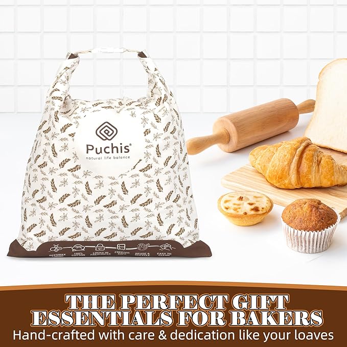 PUCHIS-2 Pack XL Cotton & Beeswax Bread Bags for Sourdough & Homemade Bread | Reusable Organic Storage, 17x13 in, Freezer-Safe Freshness