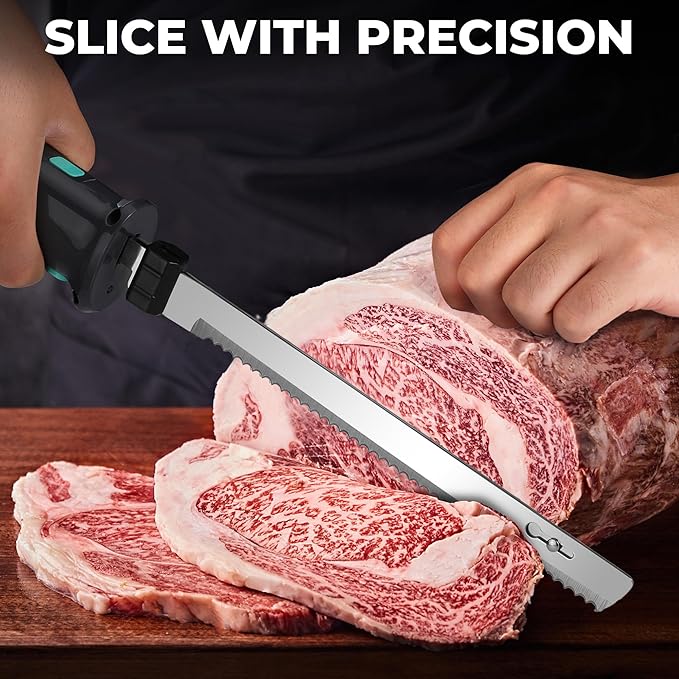 HAUSHOF Cordless Electric Knife Set for Meat Slicing, 8V Electric Carving Knife for Fish, Bread, Turkey, Rechargeable Meat Cutter with Reciprocating Stainless Steel Blades, Safety Lock & Storage Case