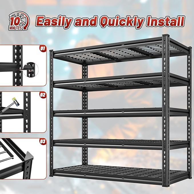 REIBII 48" W Garage Shelving 3050LBS Garage Storage Shelves Metal Storage Shelves 5 Tier Adjustable Shelving Unit for Warehouse Basement Pantry 48.2" W X 24.1" D X 72.2" H