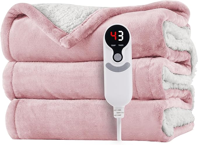 Electric Heated Blanket Throw Size 50"x60" - Flannel & Sherpa Fabric Dual-Sided, 6 Heat Settings & 3 Hours Auto Off, Soft & Cozy Warming Throw for Home, Office, or Bed, Machine Washable, Light Pink