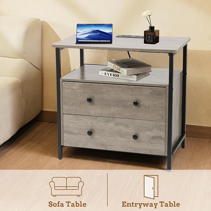 27 inch Wide Night Stand with Charging Station, Bedside Table with Open Shelf, 2 Drawers Small Wood Dresser, Modern Wood Nightstand for Bedroom/Living Room (Rustic Gray)