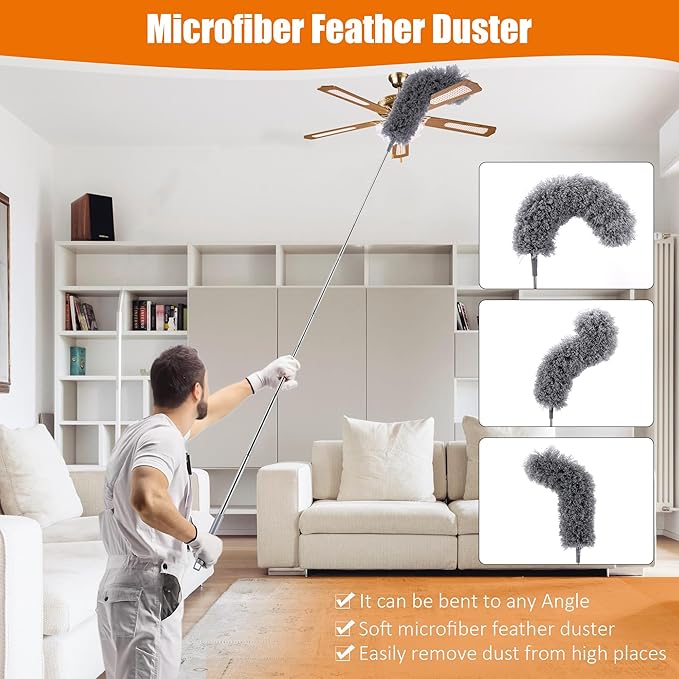 4 Pcs Microfiber Cobweb Duster with 100-inch Extendable Pole, Washable and Reusable Feather Cleaning Duster Kit with 3 Duster Heads,Dusters for Cleaning with Telescopic Pole for High Ceiling Fan