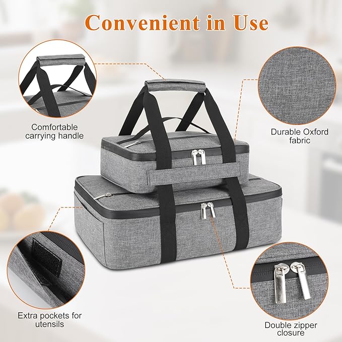 Insulated Casserole Carrier for Hot or Cold Food, Fits 8"-15" Baking Dish,Thermal Food Carrier Bag, Lasagna Lugger Tote for Potluck Parties/Picnic/Cookouts/Lunch, Grey,2 Pack