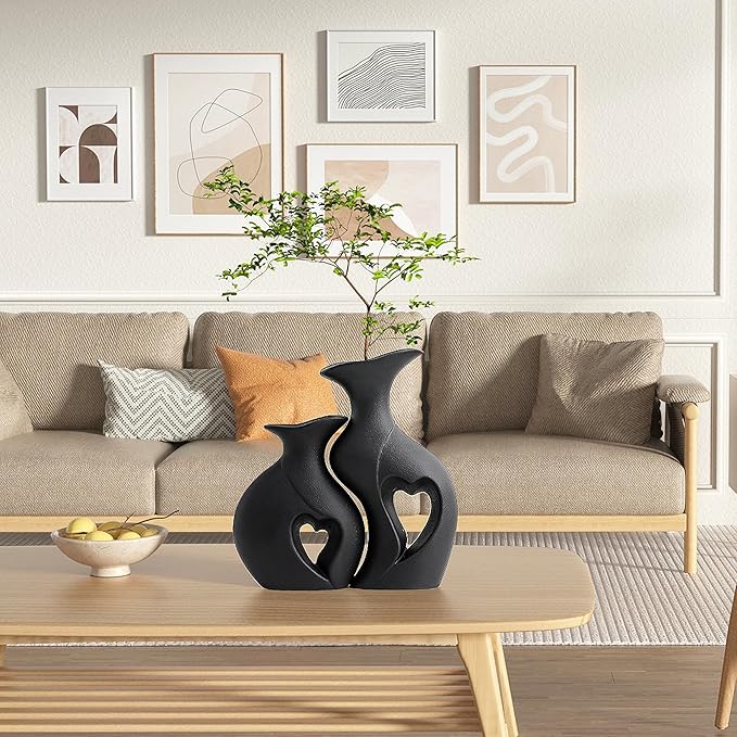 XL Black Snuggle Hollow Ceramic Vase Set of 2,Minimalist Decorative Modern Vases,Heart Shaped Flower Vase for Home Decor (XL Black W 9.7" X H 10.1")