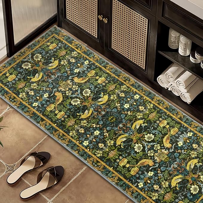 Runner Rug - 2'x6' Boho Washable Kitchen Rug, Non-Slip Soft Low Pile Rugs Indoor for Entrance Living Room Bedroom Bathroom,Vintage Hallway Carpet Stain Resistance (Dark Green, 2x6ft)