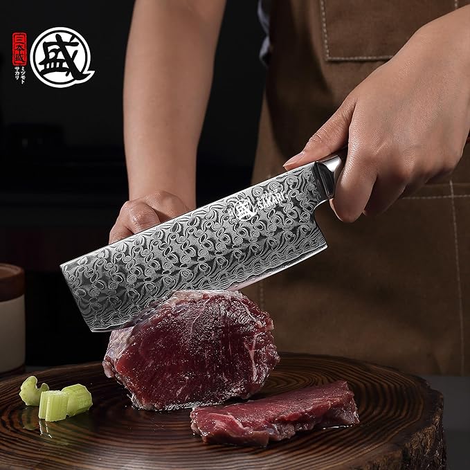 MITSUMOTO SAKARI Nakiri Vegetable Knife 6.5 inch, S301 Damascus Steel Chef Knife (Hand Forged)