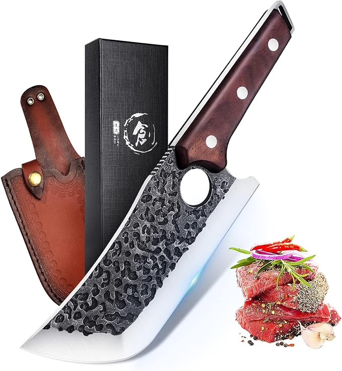 TOMBRO Meat Cleaver - 6.7" Heavy Duty Butcher Knife, High Carbon Steel Chef Knife,Full Tang Bone Chopper Meat Knife with Sheath for Outdoor Camping, BBQ, Kitchen