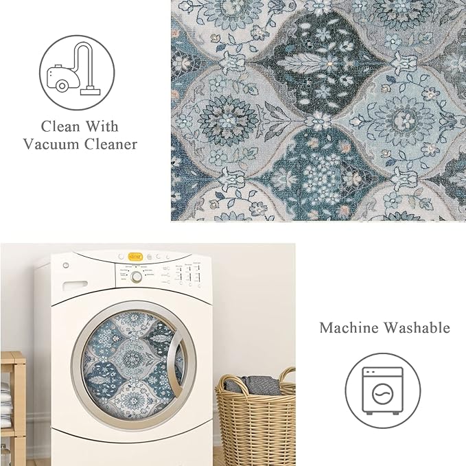 Lahome Moroccan Trellis Front Door Mat Indoor Entrance, 2x3 Rugs for Entryway Non-Slip Washable Indoor Door Mat, Oriental Accent Small Rug for Kitchen Bedroom Bathroom, Blue