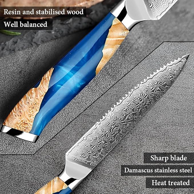 Damascus Steel Steak Knife, Resin Wood Handle, Stainless Steel Western Style Steak Knives of 12, Kitchen Serrated Set Knife Slicing & Cutting