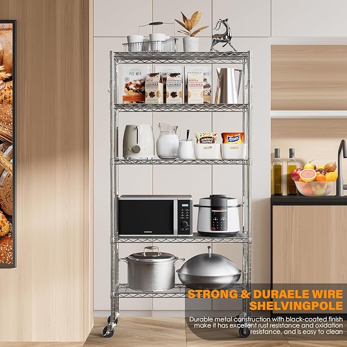 YNN Storage Shelves,1750Lbs 5 Tier Heavy Duty Metal Rolling Shelving Unit with Wheels & 8 Hooks, Adjustable Garage Wire Rack for Kitchen, Bathroom,Industrial,Pantry(36" W x 14" D x 72" H, Chrome)