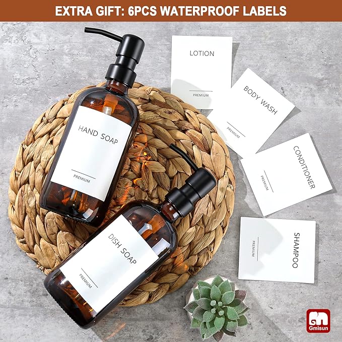 GMISUN Amber Glass Soap Dispenser, 4 Pack Bathroom Hand Soap Dispensers with Stainless Steel Pump, 17 Fl Oz Kitchen Hand and Dish Soap Dispenser Set, Modern Vintage Liquid Brown Soap Dispensers Bottle