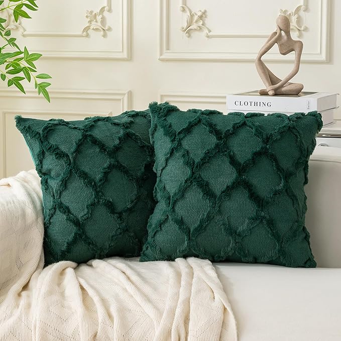 Set of 2 Soft Moroccan Throw Pillow Covers 18x18 Inch Plush Boho Decorative Pillow Cover Accent Cushion Case for Couch Sofa Bed, Dark Green