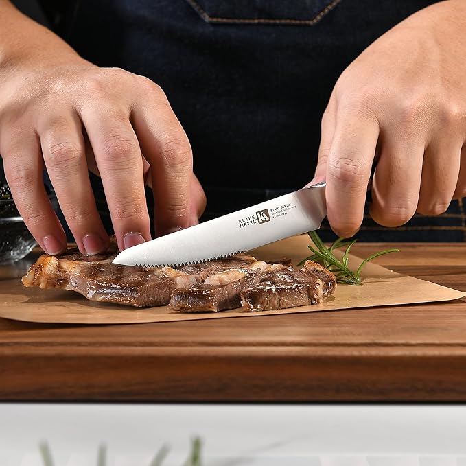Klaus Meyer Stahl High Carbon Exclusive German Steel 4.5 inch 6 Piece Steak Knife Set (Black)