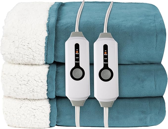 Electric Heated Blanket Queen Size 84"x90" - Coral Fleece & Sherpa Fabric Dual-Sided, 4 Heat Settings & 10 Hours Auto Off, Soft Warming Throw for Home, Office, or Bed, Machine Washable, Lake Green