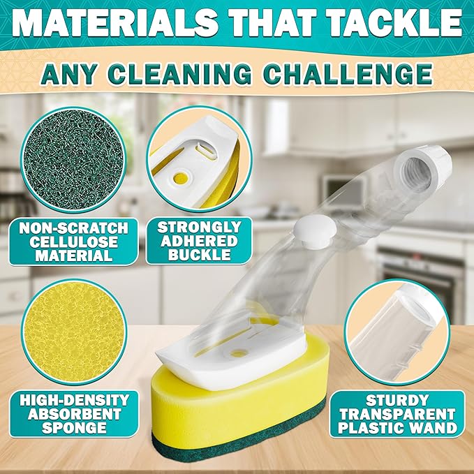 Dish Sponge with Handle – High-Density Absorbent Dish Washing Brush with Handle for Quick & Easy Dishwashing – Non-Scratched Cellulose, Leak-Proof Design for No-Mess Soap Application & Comfortable Use