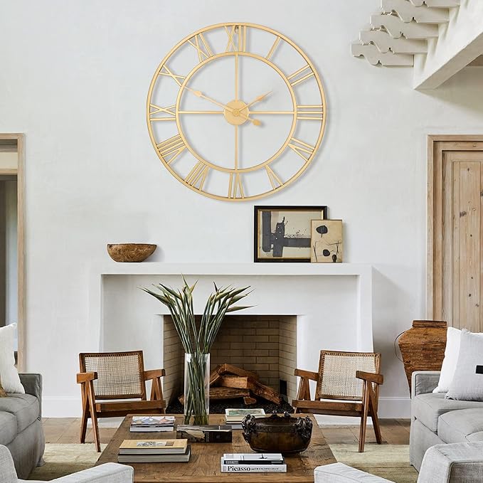 1st owned Large Wall Clock Metal Retro Roman Numeral Clock, Modern Round Wall Clocks Almost Silent, Easy to Read for Living Room/Home/Kitchen/Bedroom/Office/School Decor (Gold, 32 Inch)