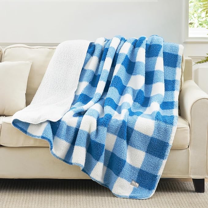 Cozy Bliss Luxury Sherpa Throw Blanket for Couch, Premium Reversible Buffalo Plaid Thick Throw, Warm Cozy Soft Blanket for Home and Gifts (Light Blue, 50" x 60")