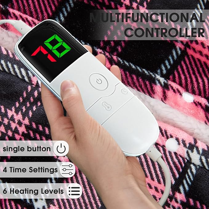 Pink Heated Blanket Electric, Queen Size 84X90, 10 Heat Levels/8 Hours Auto Off/Dual Control for Bed, Blue Plaid Checkered Sherpa Blanket Warmer for Adult, Washable Gift, ETL