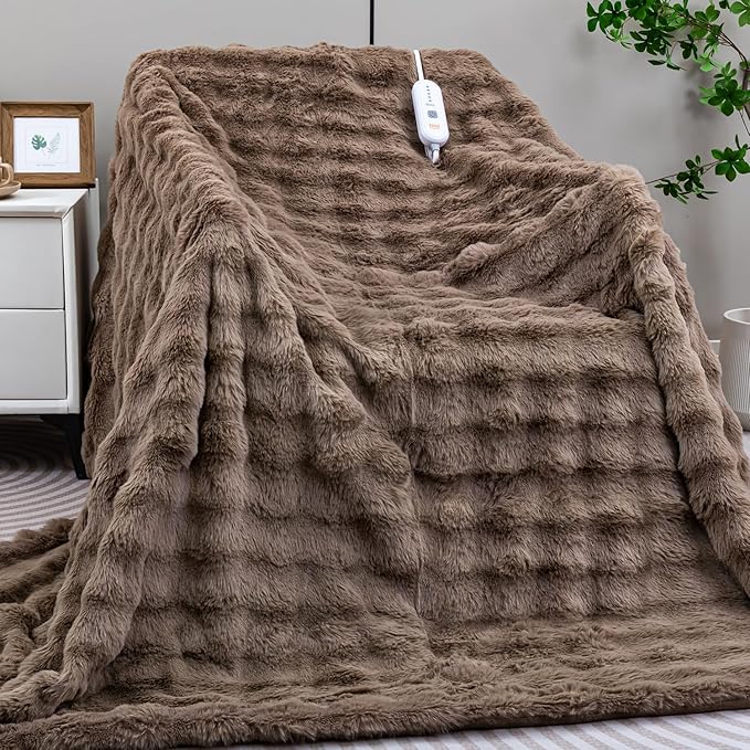Heated Blanket Electric Twin- 62"x84" Soft Thick Bubble Electric Blanket for Sofa with 5 Heat Levels & 4 Hours Auto-Off Overheat Protection, Warm Cozy Gifts, Beige