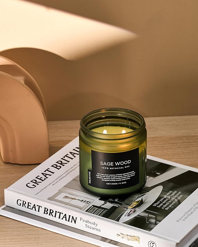 M&SENSE Sage Wood Scented Candle, 11.6oz 70 Hours Long Lasting Clean Non Toxic All Natural Soy Wax Candle for Relaxing & Stress Relief, 2 Wick Home Fragrance Gifts for Home Decor