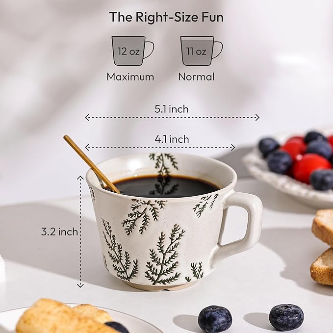Ceramic Coffee Mug, 12 oz Novelty Unique Teacup with Handle, Stoneware Cup for Tea Mocha Latte Cappuccino Espresso (Set of 4, Butterfly Grass Ivy and Leaf)