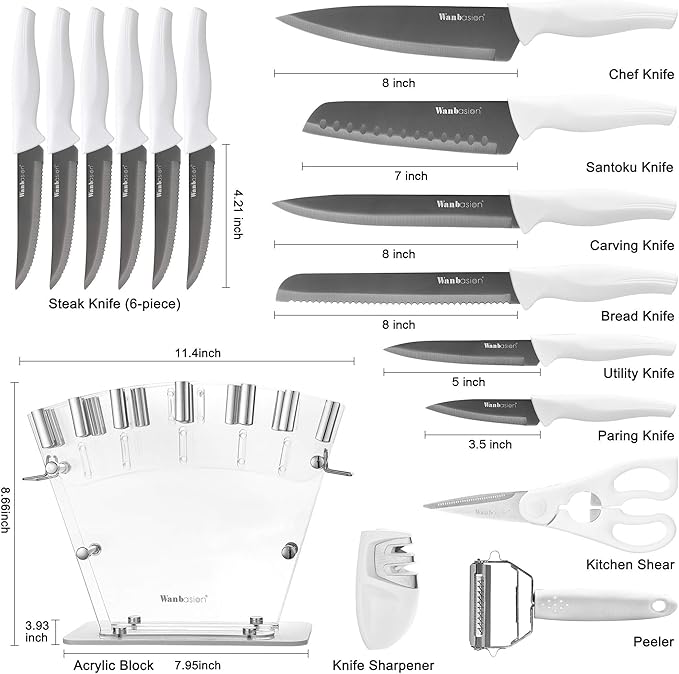 Wanbasion 16Pcs Kitchen Knife Block Set with Sharpener, Sharp Kitchen Knives Set with Block, Stainless Steel Knife Set with Block Dishwasher Safe White
