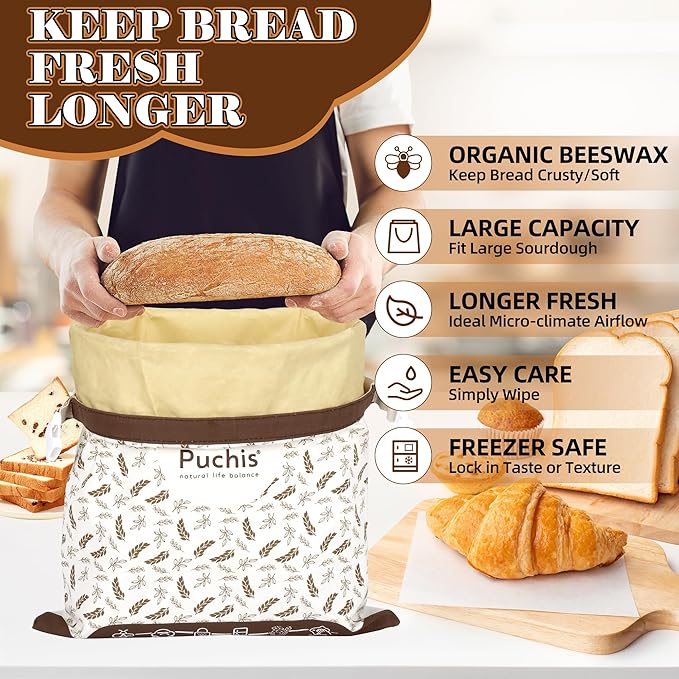 PUCHIS-2 Pack XL Cotton & Beeswax Bread Bags for Sourdough & Homemade Bread | Reusable Organic Storage, 17x13 in, Freezer-Safe Freshness