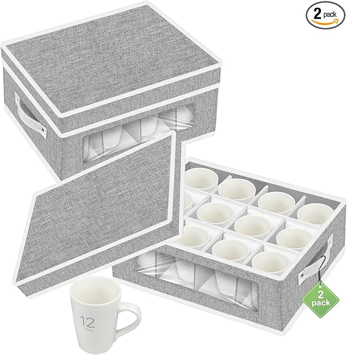 homyfort 2 Pack Cup and Coffee Mug Storage Box Organizer with Dividers, China Storage Containers Hard Shell with 24 Compartments for Mugs Moving and Protection (Grey)