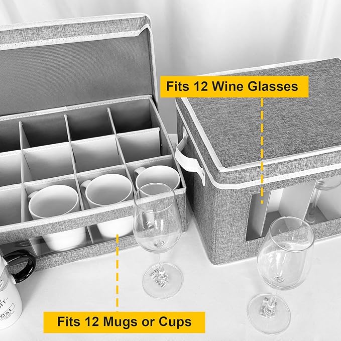 homyfort Mug and Wine Glass Storage Box with Dividers, Stemware Storage Cases and Coffee Cup Storage Organizer, China Crystal Storage Containers Hard Shell for Glassware Protection and Moving (Grey)