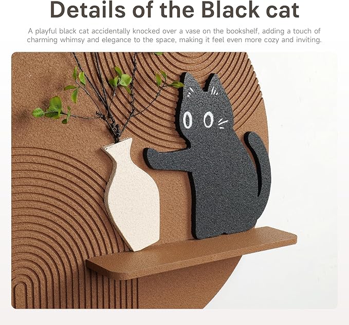 3D Textured Funny Abstract Wall Art, Black Cat and White Brown Wall Decor, Round Minimalist Artwork with Artificial Greenery, Suitable for Living Room Hallway Dining Room Bedroom Office, 24x24 In