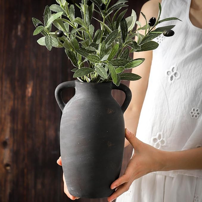 Terracotta Farmhouse Flower Vase, 9.6 Inch Ceramic Rustic Vase with 2 Handles, Decorative Vase Boho Decor for Home Decor, Table, Living Room, Shelf Decoration