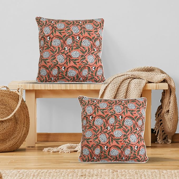 Ridhi Dark Salmon Pink Block Print Cotton Canvas Throw Pillow Covers for Decorative Couch Pillows for Living Room, Chic Boho Cute Outdoor Valentine Pillows Covers Gifts 18x18 Inches